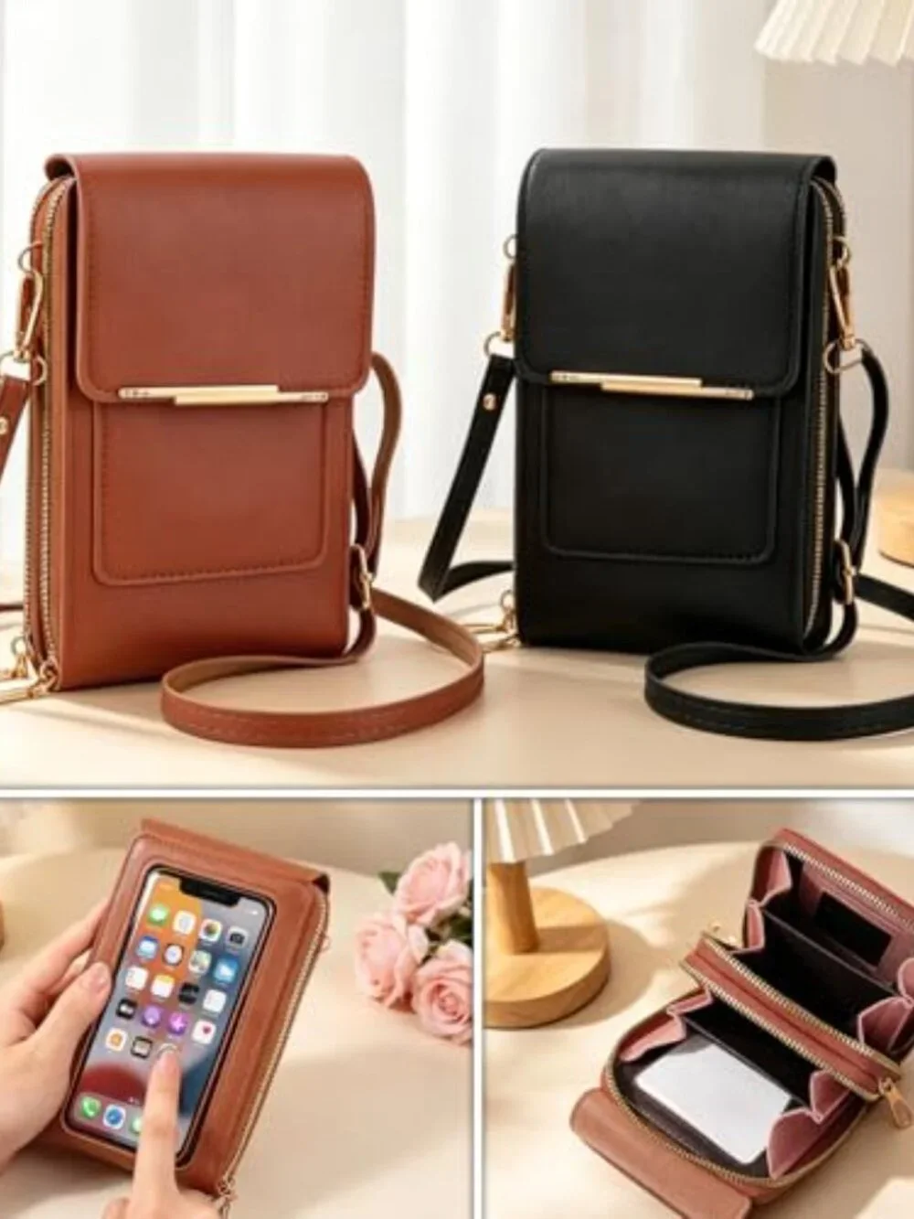 PU Leather RFID Blocking Touch Screen Crossbody Phone Wallet Messenger Bag